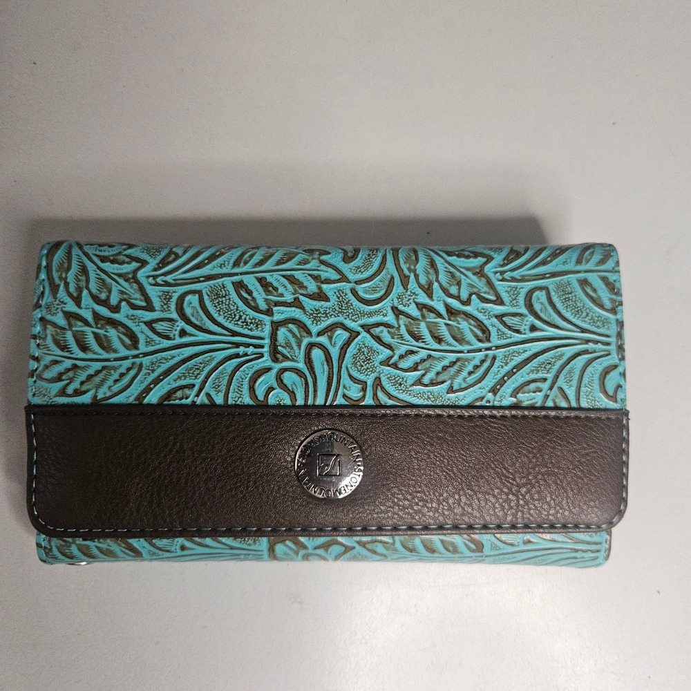 Stone Mountain Bonded Leather Trifold Wallet Turquoise Brown Floral Embossed